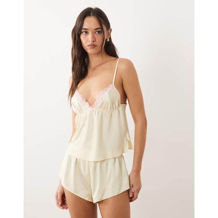 【新品未開封】andwang ribbon cami shushu set Boux Avenue Kaya satin cami set in yellow with pink trim | ASOS
