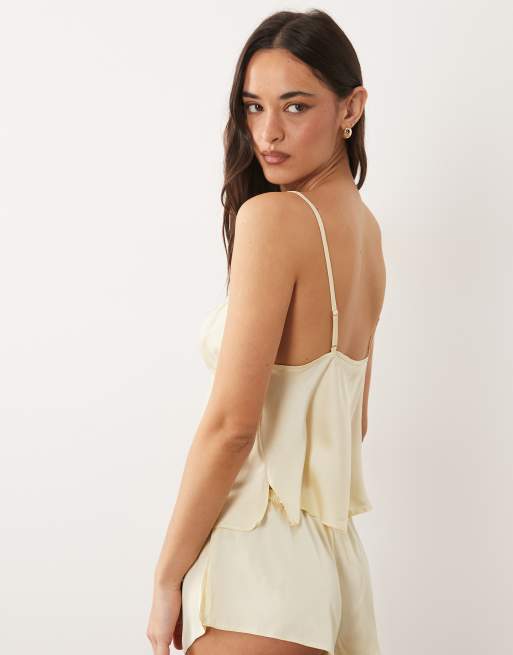 Boux Avenue Kaya satin cami set in yellow with pink trim, 3 of 4