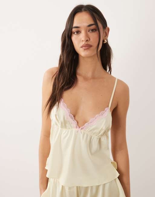 Boux Avenue Kaya satin cami set in yellow with pink trim, 4 of 4
