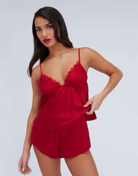 Boux Avenue Kaya satin cami short pyjama set top and shirt nightwear in dark red - view 1