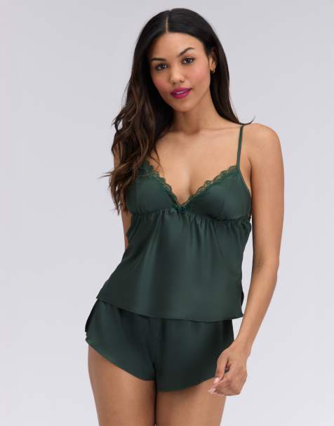 Boux Avenue Kaya satin short cami set pyjama top and shorts nightwear in deep green - view 1