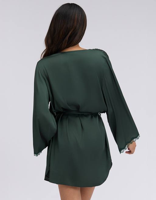 Boux Avenue Kaya satin short robe wide sleeve self tie belted nightwear in deep green, 2 of 6