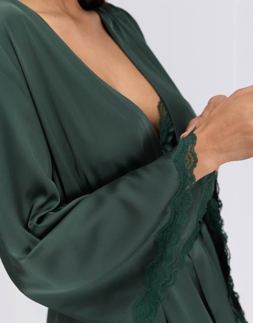 Boux Avenue Kaya satin short robe wide sleeve self tie belted nightwear in deep green, 3 of 6