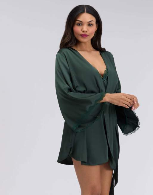 Boux Avenue Kaya satin short robe wide sleeve self tie belted nightwear in deep green, 5 of 6