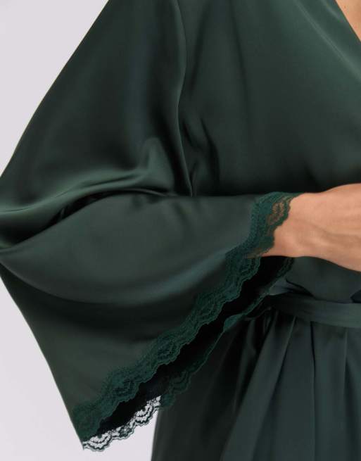 Boux Avenue Kaya satin short robe wide sleeve self tie belted nightwear in deep green, 6 of 6