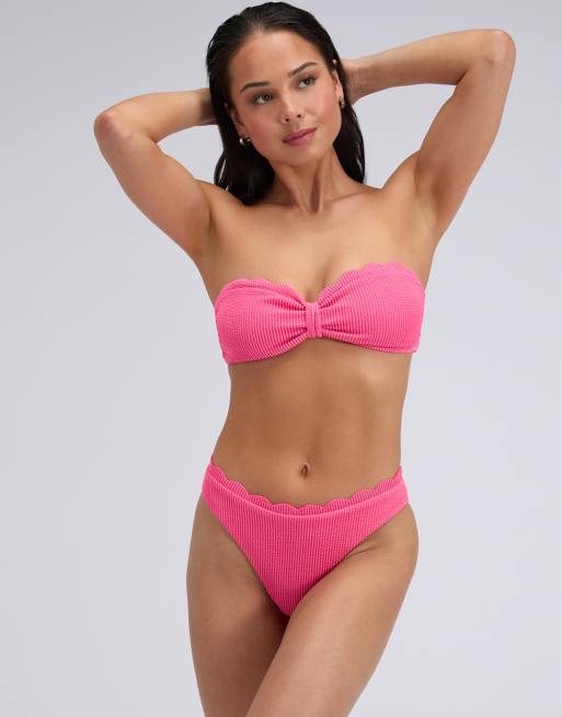Boux Avenue Kiri scalloped brief bikini bottoms summer ribbed swimwear in pink, 4 of 5