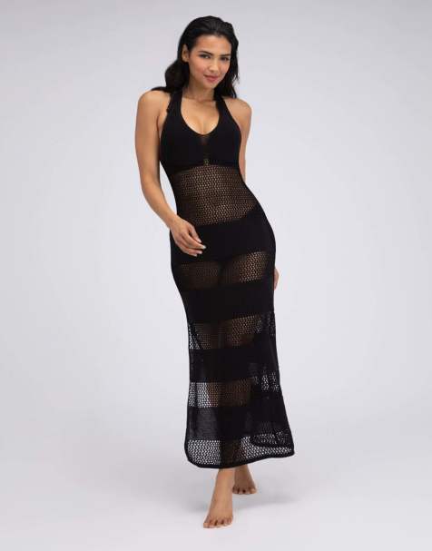Boux Avenue Knitted v neckline semi sheer maxi beach dress in black - view 1