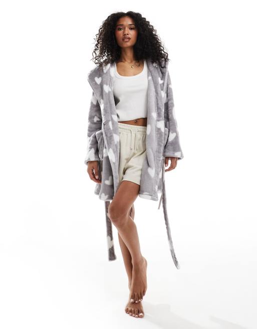 Boux Avenue - Korte pluche badjas met hartenprint in grijs