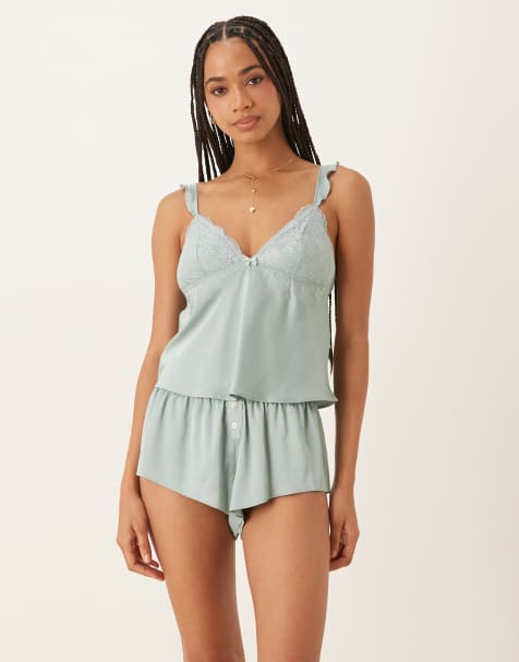Boux Avenue lace cup cami and shorts in sage - view 1