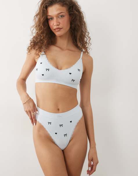Boux Avenue lace embroidered bow bra and lingerie thong set in light blue - view 1
