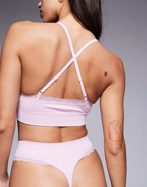 Boux Avenue lace trim ribbed lingerie thong in pink, 3 of 4