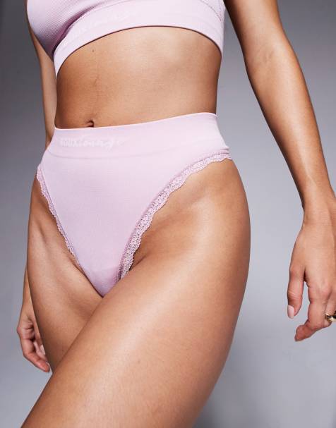 Boux Avenue lace trim ribbed thong in pink - view 1