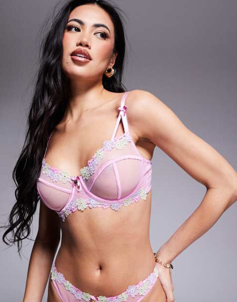 Boux Avenue Layla embroidered flower ribbon soft plunge bra in pink - view 1