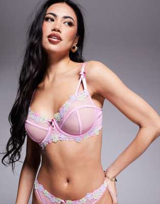 Layla - Soutien-gorge pigeonnant doux à rubans et broderies fleuries - Rose-Multicolore 80 C