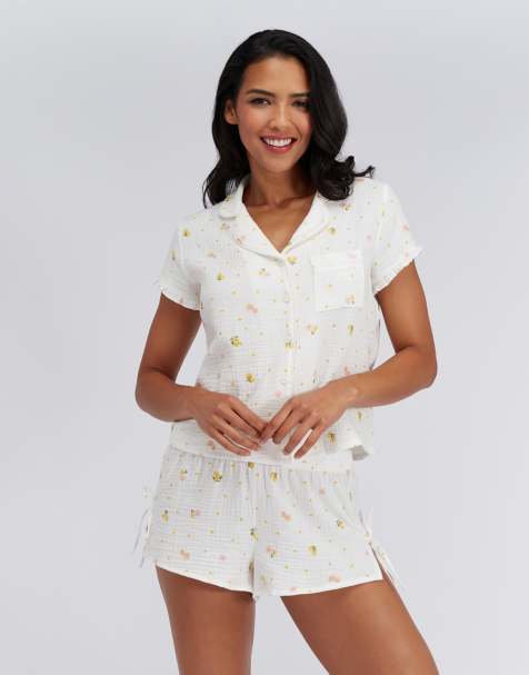 Boux Avenue Lemon cotton short pyjama set revere top & shorts nightwear in ivory mix - view 1