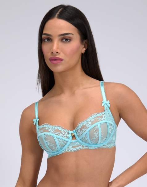 Boux Avenue Lita sheer lace balconette bra underwired floral lingerie in aqua - view 1