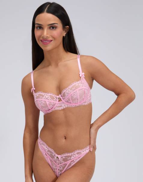 Boux Avenue Lita sheer lace balconette bra underwired floral lingerie in bubblegum pink - view 1