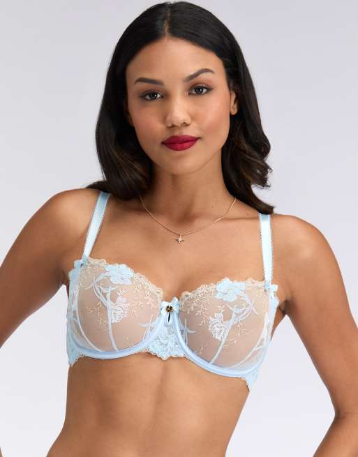 Boux Avenue Lola embroidered balconette bra with floral detail in light blue