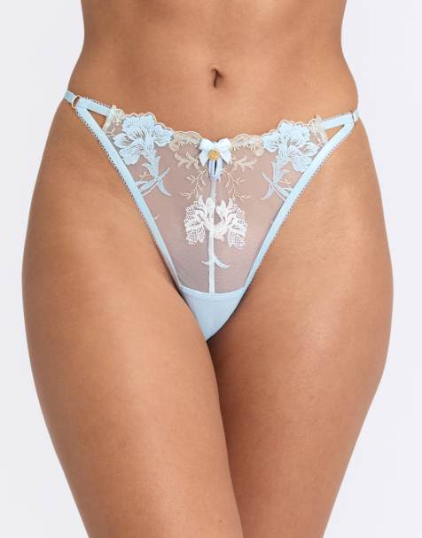 Boux Avenue Lola embroidered tanga thong with floral detailing in light blue