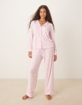 [Boux Avenue] Boux Avenue long sleeve bow stripe revere shirt and pants set in pink 16 PINK
