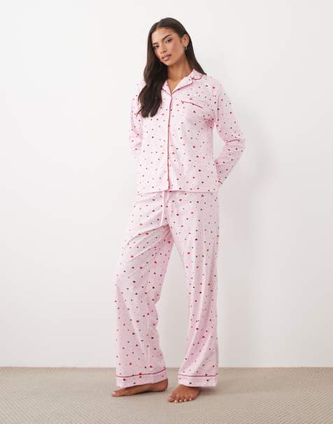 Boux Avenue long sleeve revere shirt and pant PJ set in a bag in pink hearts print - view 1