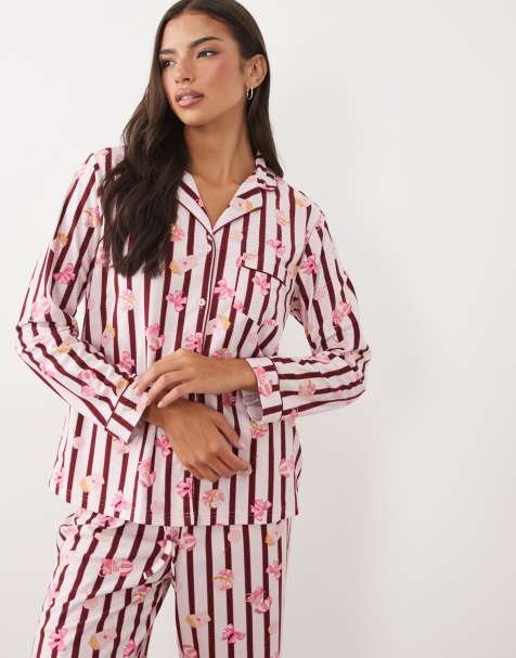 Boux Avenue long sleeve revere shirt and pant PJ set in a bag in pink stripe popcorn bow print - view 1