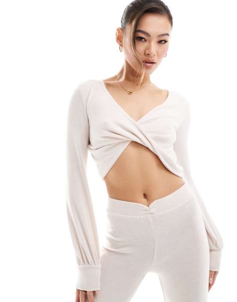 Boux Avenue long sleeve twist front lounge crop top in cream - view 1