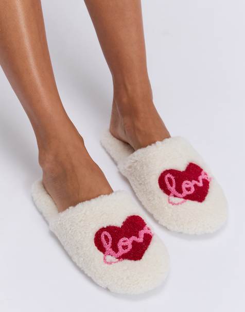 Boux Avenue Love borg mule slippers comfy soft fleece closed toe sliders in ivory mix - view 1