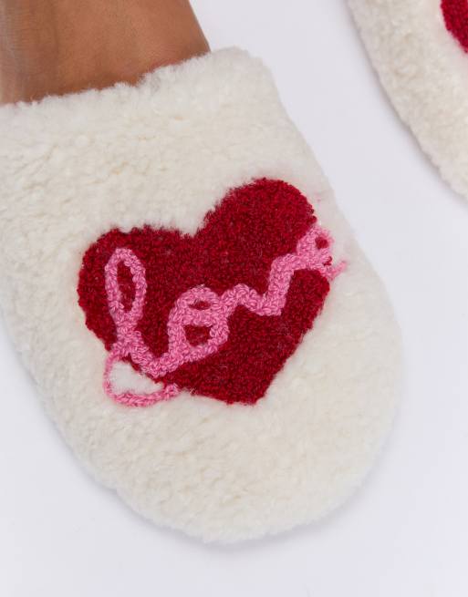 Boux Avenue Love borg mule slippers comfy soft fleece closed toe sliders in ivory mix, 3 of 4