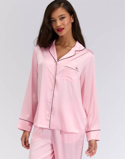 Boux Avenue Luxe embroidered satin long sleeved pyjama top in light pink - view 1