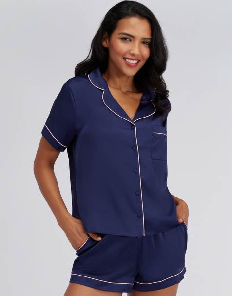 Boux Avenue Luxe satin short pyjama set shirt and shorts nightwear in navy - view 1