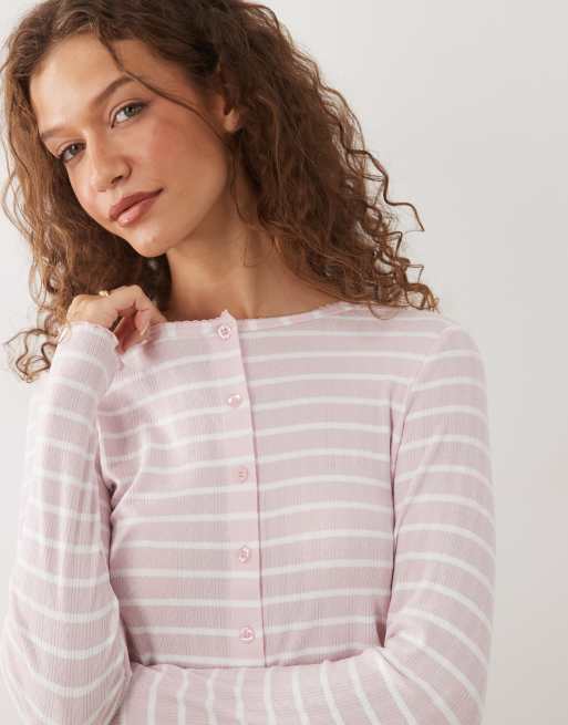 Boux Avenue - Lyserødt pyjamassæt med knapper og striber i pointelle, 2 af 4
