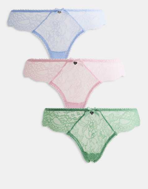 Boux Avenue Maia 3 pack lace lingerie thongs in green, blue and pink mix - view 1