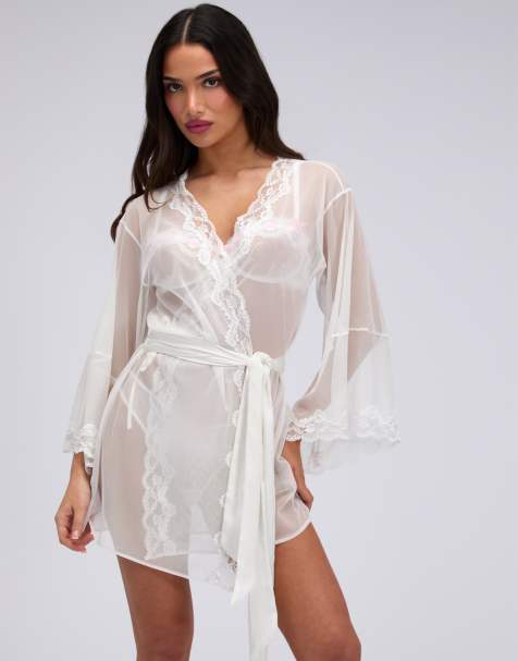 Boux Avenue Mallory mesh kimono robe soft sheer comfy nightwear in white mix - view 1