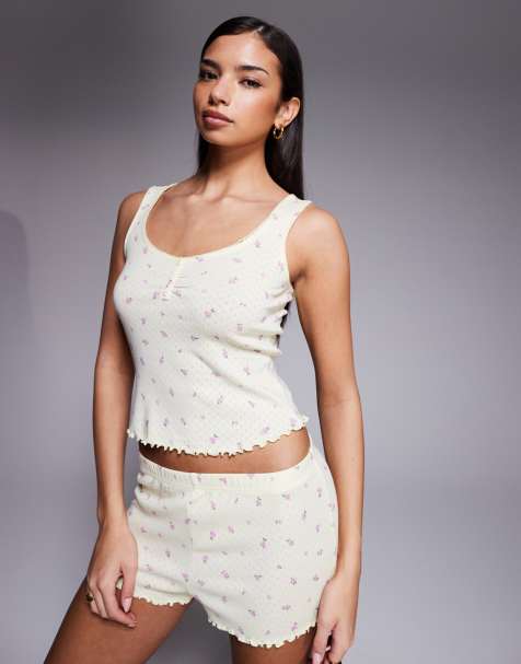 Boux Avenue – Meadow – Gult, pointellestickat, blommigt set med linne och shorts - view 1