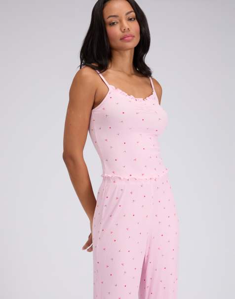 Boux Avenue Mistletoe ribbed cami top and trousers pyjama set in pink mix - view 1