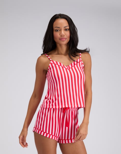Boux Avenue Modal cami top and shorts pyjama set candy striped print in red mix - view 1