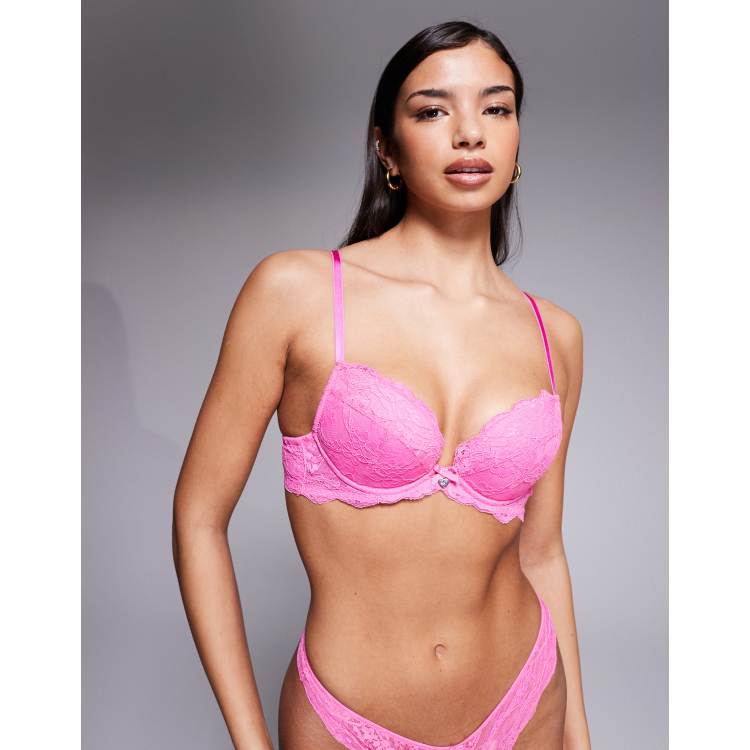 Boux Avenue Mollie lace padded plunge bra in hot pink | ASOS