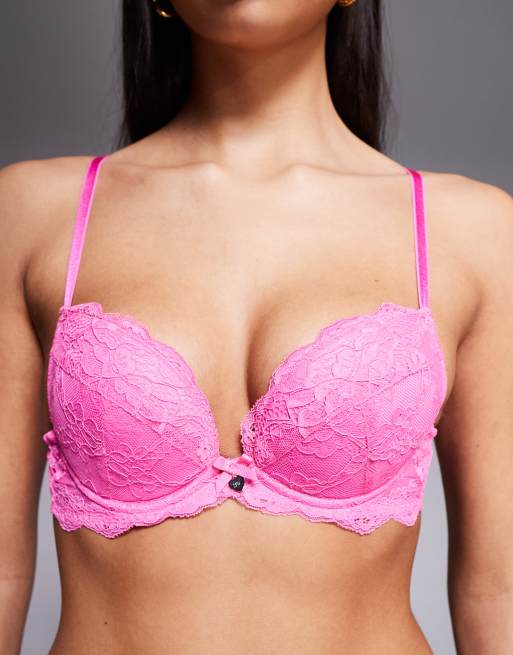Boux Avenue Mollie lace padded plunge bra in hot pink, 3 of 4
