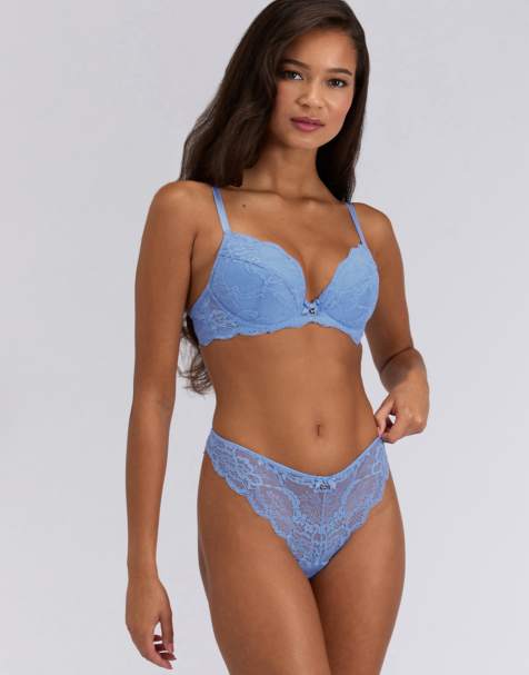 Boux Avenue Mollie lace thong floral scallop edge knickers in cornflower - view 1