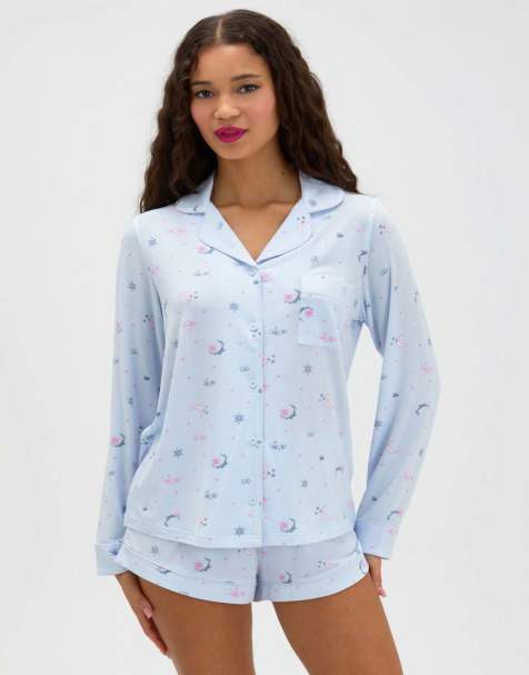 Boux Avenue Moon & stars modal short pyjama set with long sleeved top in blue mix - view 1