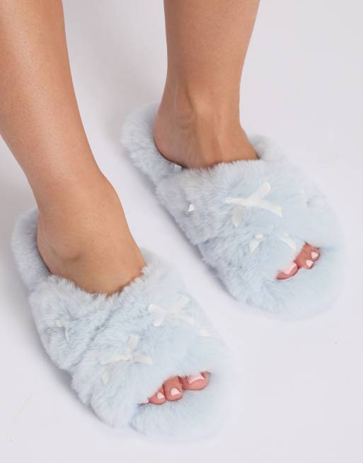 Boux Avenue Multi bow plush slider slippers open toe cosy loungewear in arctic blue, 4 of 6
