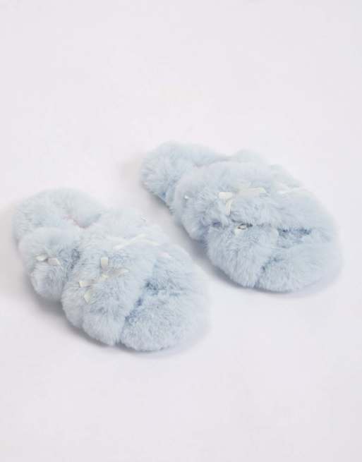 Boux Avenue Multi bow plush slider slippers open toe cosy loungewear in arctic blue, 5 of 6