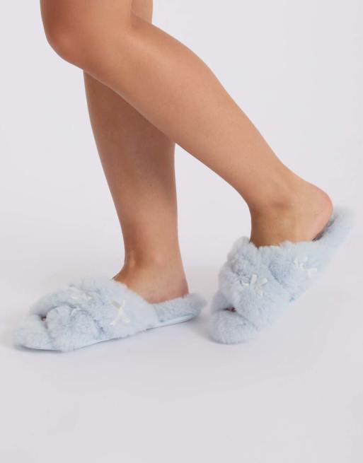 Boux Avenue Multi bow plush slider slippers open toe cosy loungewear in arctic blue, 6 of 6