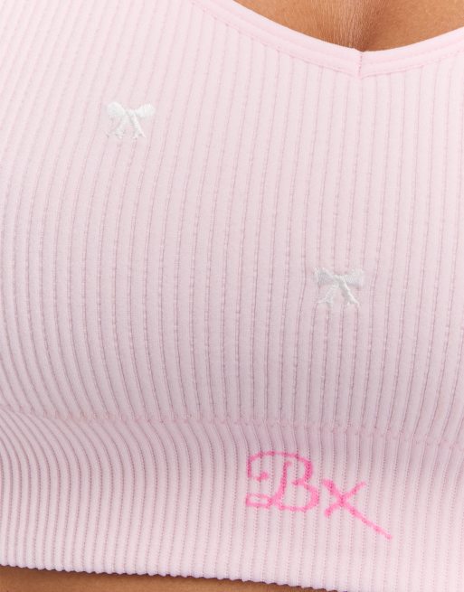 Boux Avenue Nursing bralette ribbed bow embroidered maternity underwear in pink mix, 3 of 4