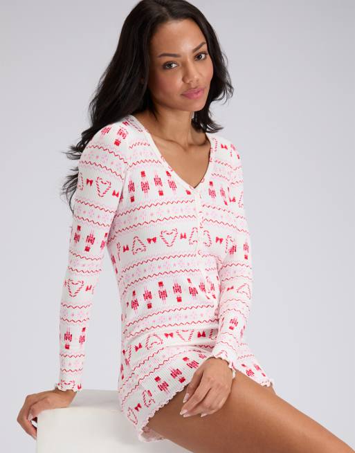 Boux Avenue Nutcracker ribbed playsuit festive holidays nightwear in ivory mix, 4 of 4