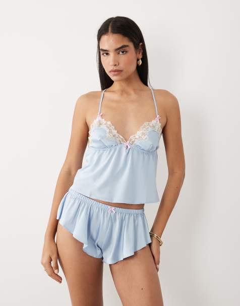 Boux Avenue Nyra satin Cami and short nightwear set with floral lace trim detail in light blue - view 1