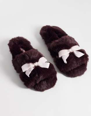 Boux Avenue Open Toe Diamante Heart Bow Front Plush Slippers In Brown