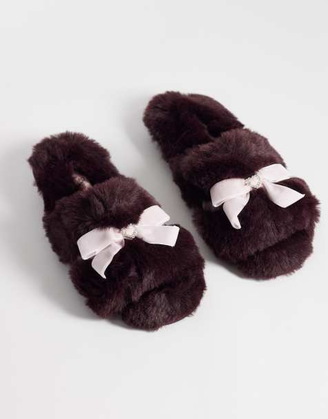Boux Avenue open toe rhinestone heart bow front plush slippers in berry - view 1