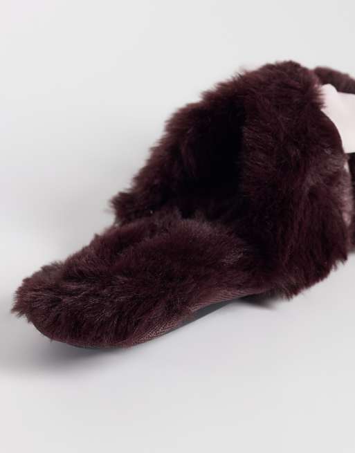 Boux Avenue open toe rhinestone heart bow front plush slippers in berry, 3 of 4